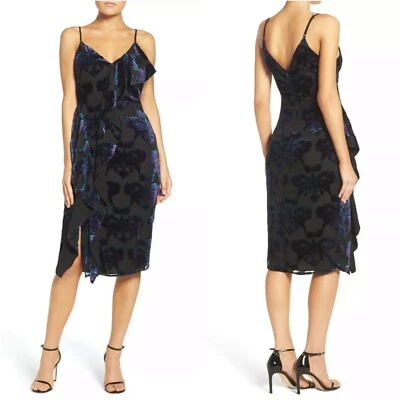 Vestido Adelyn Rae Mujer Pequeño Negro Floral Burnout Terciopelo Volantes Cuello en V Midi Nuevo con Etiquetas Foto 1 de 4