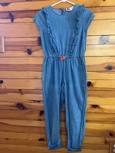 Mini Boden Ruffled Shoulder Chambray Jumpsuit EUC Girls Pant Romper Size 11-12 - Picture 1 of 3