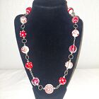Glass Jewellery Silver tone Red White glass beads Necklace Lampwork style 
