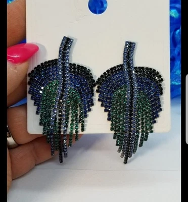 Pendientes Kaitin Pluma Cristal Azul, Verde, Negro Brillante Nuevo sin Etiquetas Foto 1 de 4