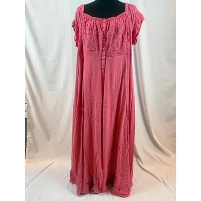 Maxi Vestido Boho Rosa Bordado Cuello Cuadrado Botón Delantero Fuera del Hombro Foto 1 de 4