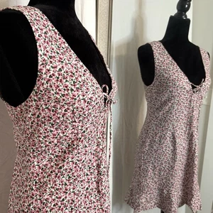 ZARA Women’s Mini Floral Dress V Neck Size Medium Pink Linen Sleeveless Ruffle - Picture 1 of 14