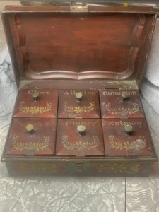 Antique Spice Tin Caddy Primitive Box Homestead Cooking Folk Art Paint Stenciled - Picture 1 of 17