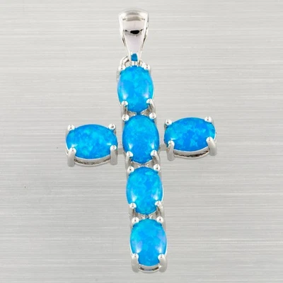 Latin Cross Oval Ocean Blue Fire Opal Cabochon Silver Jewelry Necklace Pendant - Image 1 of 4