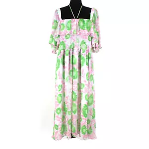 Ganni Georgette Smocked Midi Dress NEW Pink Green Floral Short Sleeves Size 48 - Picture 1 of 8