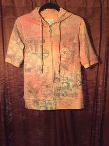 Ladies Size S Small Hoodie Green Tea Peach Coral Pink Short Sleeves Rhinestones - Picture 1 of 7