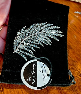 TIMMY WOODS BROOCH PIN PENDANT Feather SILVER NWT Swarovski CRYSTALS - Picture 1 of 5