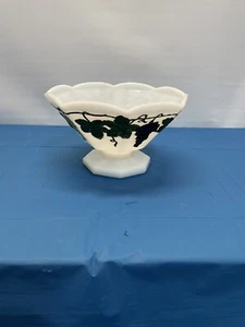 Vintage Anchor Hocking Milk Glass Pedestal Fruit Bowl Hand Painted fruit/vines - Picture 1 of 4