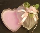 Candle Pink Glass Heart Shaped 2-Piece Clam Shell Floral Rose Bow VTG 3"X 3"X 2"