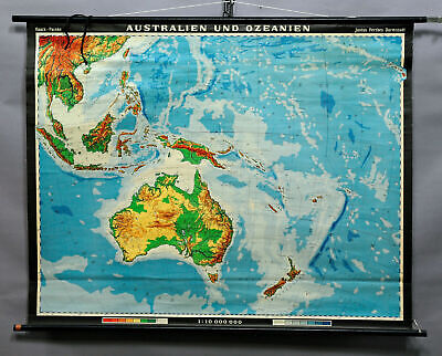 Schulwandkarte Vintage Poster Retro Rollbild Geographie Australien Ozeanien • 95€