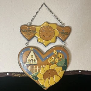 Sonnenblumen Mexiko Volkskunst 90er 13"x10" Holz Wanddeko Willkommen Freunde Vintage - Bild 1 von 6