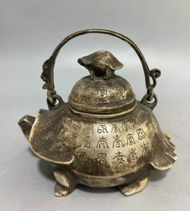 5.6"Marked Old China Silver Dynasty Ancient Characters Two Turtle Lucky Teapot - Picture 1 of 9