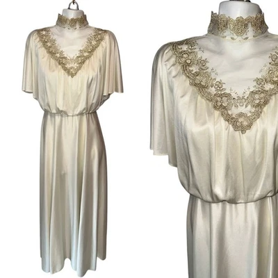 Vestido Discoteca Blanco Años 70 De Colección Encaje Dorado Ilusión Escote Boda Fiesta Talla 14 Foto 1 de 4