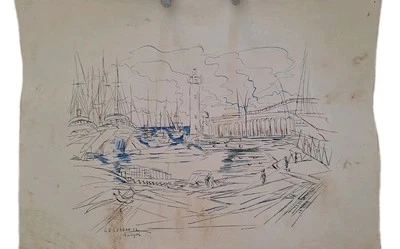 Peinture Aquarelle Paysage Marin bateau "Antibes Au Phare "Tableau Vintage Signé - Photo 1/4