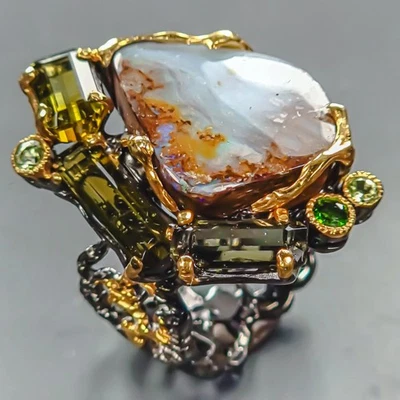 Expensive 34 ct+ Natural Boulder Opal Ring 925 Sterling Silver Size 8.5 /R442594 - Image 1 of 4