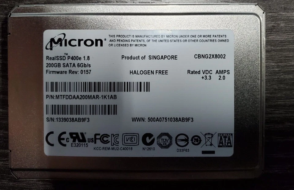 Micron RealSSD P400e 1.8" 200GB SATA MTFDDAA200MAR-1K1AB - Image 1 of 3