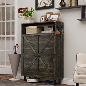 Farmhouse Shoe Storage Cabinet w/ 2 Flip Drawers Shoe Rack Organizer Cabinet - Picture 1 of 19