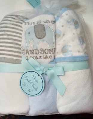 BABY KISS 3-Pack Infant Hooded Towels Gift Set Blue Elephant Handsome Boy - Image 1 of 2