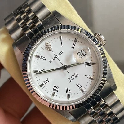 Raro Reloj Sandoz President Cuarzo Fecha Índice Romano Esfera Blanca Suizo Vintage Hombres Foto 1 de 4