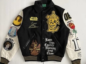 New CIVIL REGIME Star Wars Rebellion Patch Collared Letterman Jacket Black Small - Picture 1 of 12