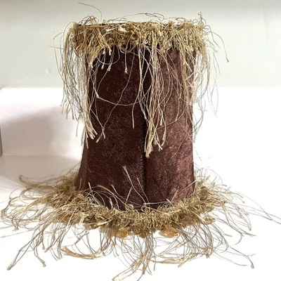 Brown Velvety Fabric Lampshade With Feathers Beads 6.25” Tall Boho Luxury  - Image 1 of 4