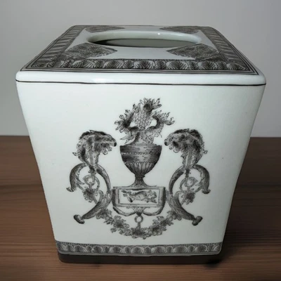 Neoclassical Ceramic Tissue Box Cover Decorated With Black & Gray Urns & Columns - Image 1 of 4