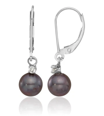14K Solid White Gold 7mm Black Round Freshwater Cultured Pearl Diamond Dangle... - Image 1 of 4
