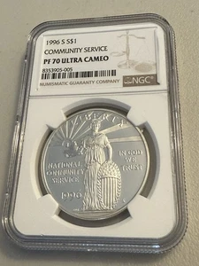 1996-S NGC PF70UCAM SILVER DOLLAR COMMUNITY SERVICE PROOF ULTRA CAMEO S$1 PR 70 - Picture 1 of 4