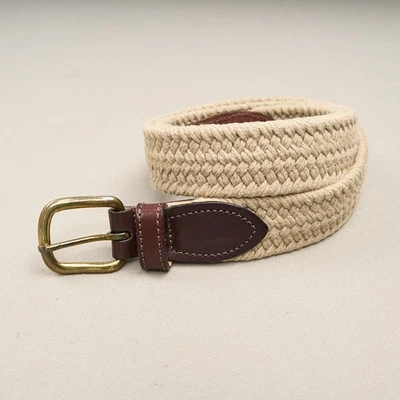 Vintage Braided Cotton Stretch Belt Womens L Beige Leather Brass Buckle Woven - Image 1 of 4