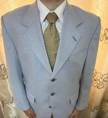 Vintage handtailored bespoke classic wool blend summer birdseye blue blazer 42R - Image 1 of 4