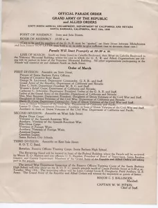 1936 GAR Official Parade Order from 69th Encampment Dept of CA at Santa Barbara - Imagen 1 de 1