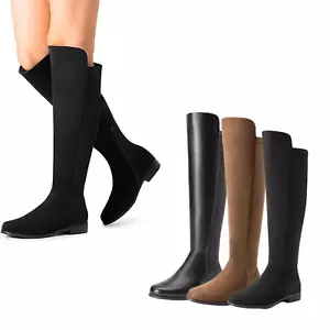 Women Flat Low Heel Knee High Boots Stretchy Slouchy Zip Up Fashion Boots - Picture 1 of 23