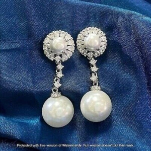 Beautiful 3Ct Round Cut White Pearl Drop Dangle Earrings 14K White Gold Finish - Picture 1 of 4