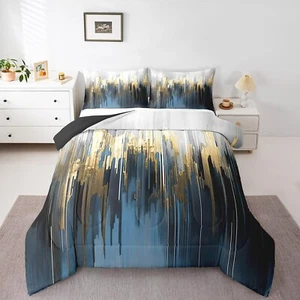 Navy Blue Comforter Set King Gradient Brush Marks Bedding Set, Watercolor Str... - Picture 1 of 6