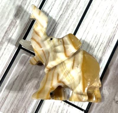 White Onyx Quartz Hand Carved 4'' Elephant Banded Trunk Up Lucky Figurine Stone - Image 1 of 4