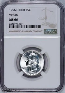 1956-D DDR VP-002 Washington Quarter NGC MS66 TOP POP US Silver Coin - Picture 1 of 11