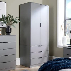 Wardrobe 2 Door 3 Drawers Grey Bedroom Home Furniture Clothing Storage Shelf - Picture 1 of 10