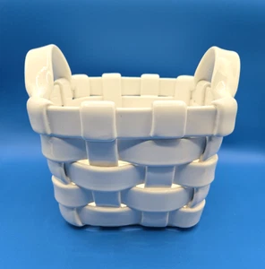 VTG White Ceramic Handmade Clay Woven Handle Basket Glossy Finish Medium Size - Picture 1 of 10