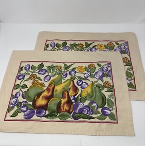 2 April Cornell Cotton Placemats Fruits Flowers Pears Beige Green Purple Yellow - Picture 1 of 13