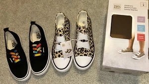New Girl’s Size 3 Sneakers Vans Lot Black Rainbow And Leopard Print Slip Ons - Picture 1 of 11