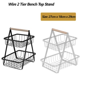 Wire 2-Tier Bench Top Stand Wooden Handle Fruit Vegetable Storage Basket Rack - Picture 1 of 12