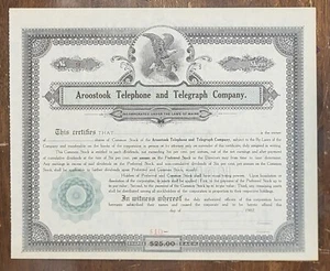 Aroostook Maine Telephone and Telegraph Unused 1907 Stock Certificate - Picture 1 of 1