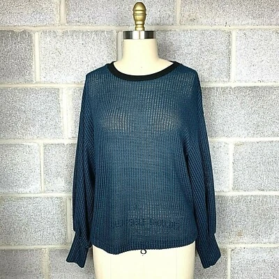 Lush Womens Sweater Blue Black Sheer Long Sleeve Loose Knit Top NWT Size Small - Image 1 of 4