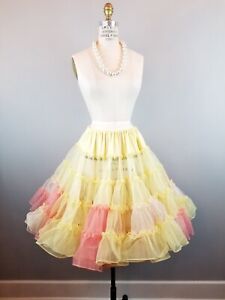 Vintage 1950's Ruffled Very Full Yellow & Peach Petticoat Crinoline