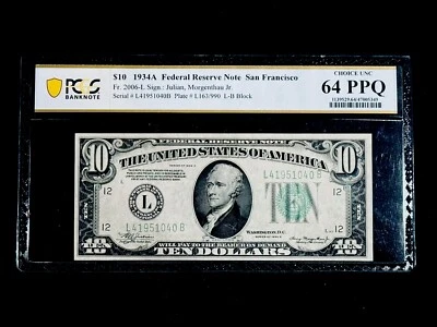 FR. 2006-L $10 1934-A Federal Reserve Note San Francisco PCGS Choice UNC 64PPQ - Image 1 of 2