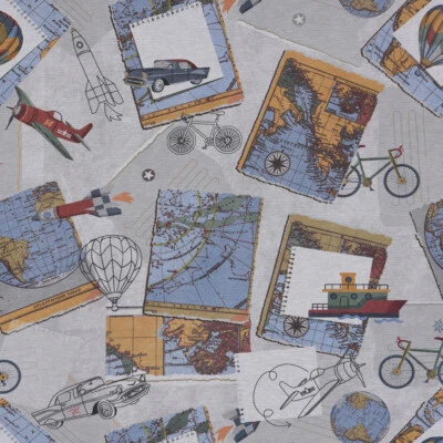 Dekostoff Baumwollstoff Weltreise Vintage Auto Ballon grau weiß bunt 1,4m Breite - Bild 1 von 4