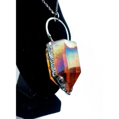 Orange rainbow aura quartz crystal necklace handmade gothic fantasy Halloween - Image 1 of 4