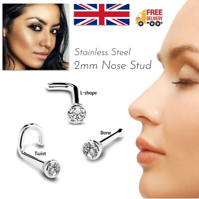 2mm Nose Stud Ring Gem Piercing Stainless Steel 20G Short 7mm L Bone Twist 316L - Image 1 of 4