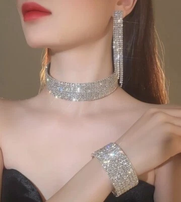 Set di gioielli con strass 3 pz girocollo con nappe,Bracciale Orecchini Pendenti - Immagine 1 di 4