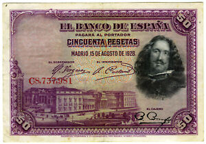 ☆ SPAIN 1928 • 50 PESETAS VELAZQUEZ MUSEO PRADO ☆ BANCO DE ESPAÑA Pick#75 ☆C5189